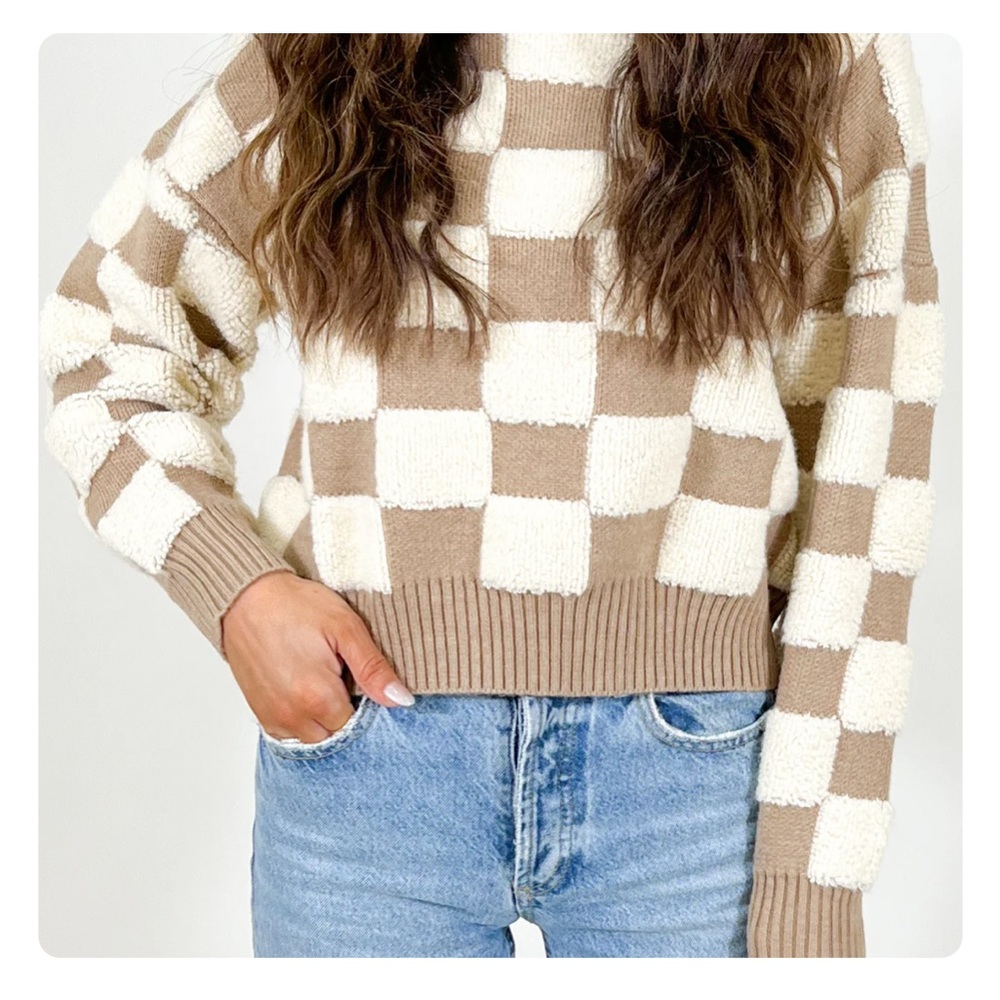 TALULAH Beige and Cream Checkered Turtleneck Sweater